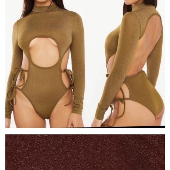 Savage X Fenty Tops - NEW Savage X Fenty burgundy sparkle cut out side tie long sleeve bodysuit 3X